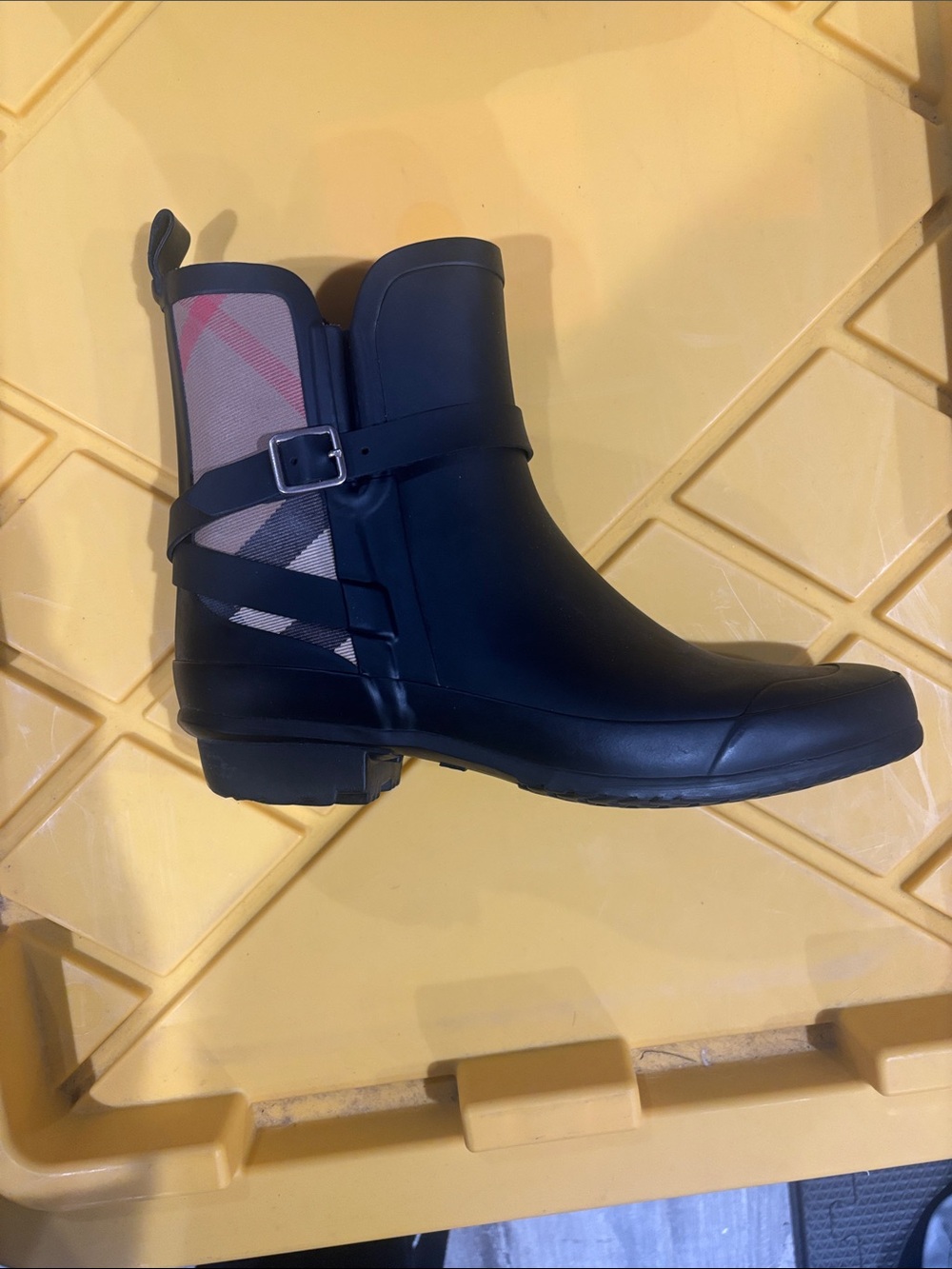 Burberry Black Rain Ankle Boot with Signature Beige Check
